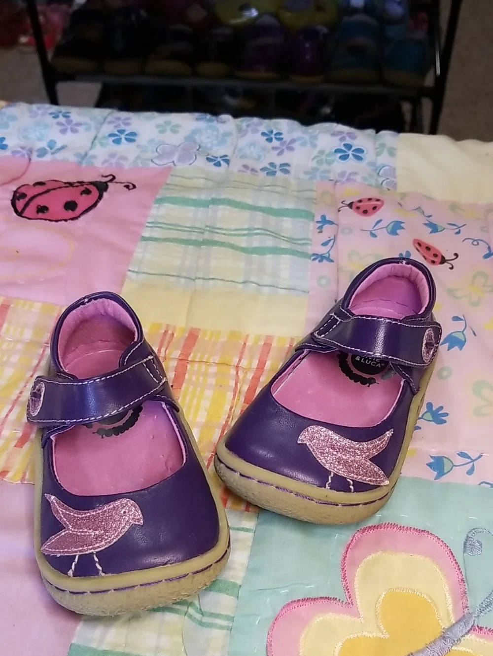Livie & Luca Purple Leather Mary Janes with Pink Glitter Bird Size 4 Pio Pio